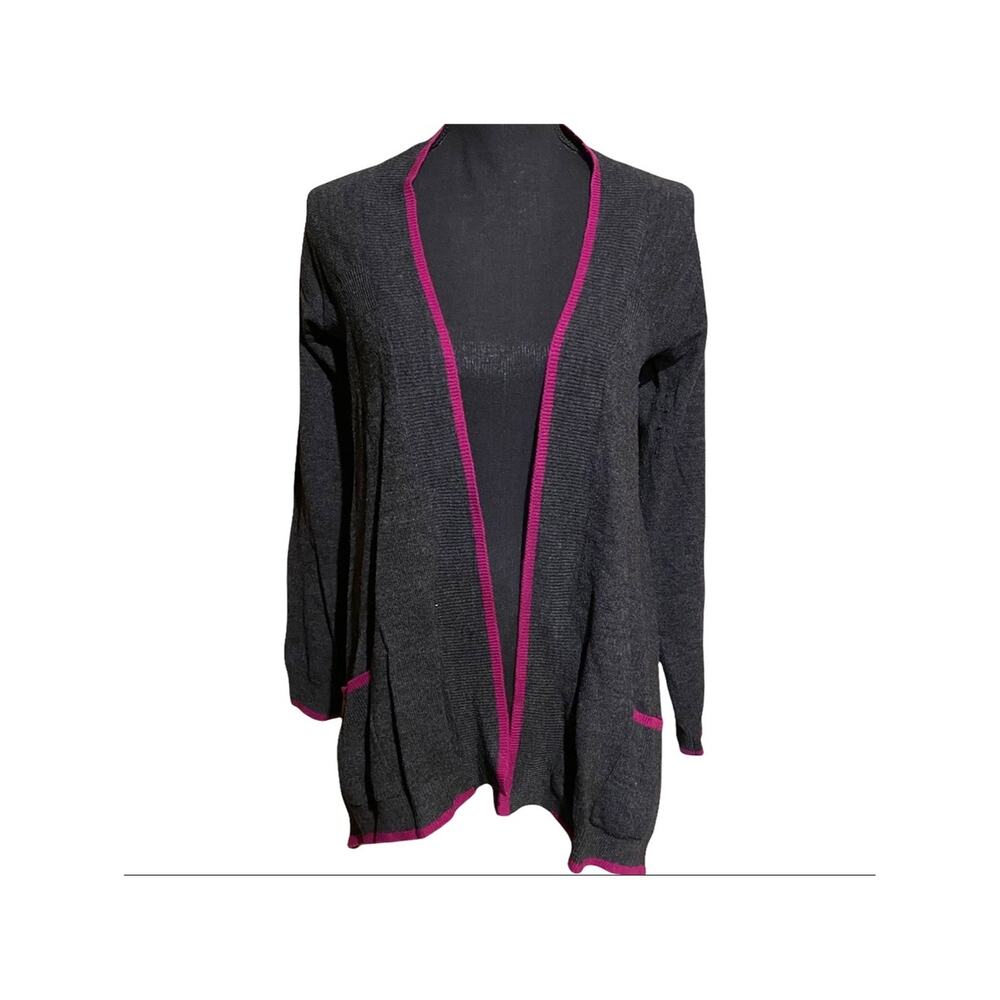 Design History Open Front Gray with Pink Trim Pocket Cardigan Sweater Women's S